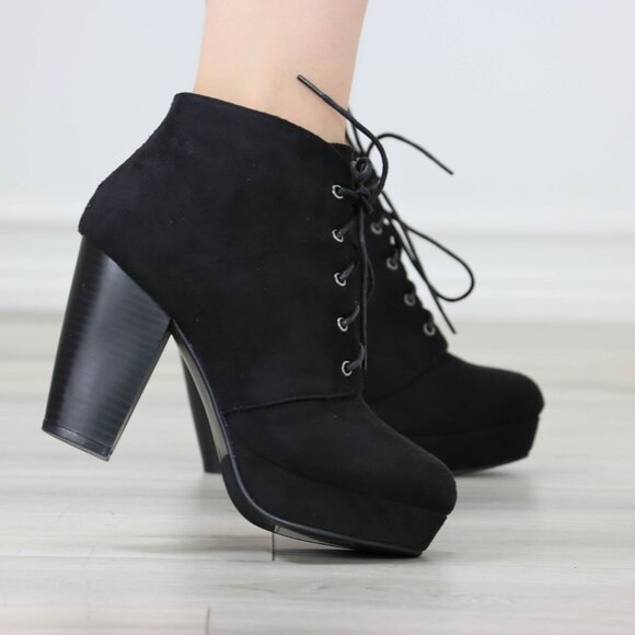 Black Faux Suede Lace-Up Block Heel Boots with Platform Sole and Chunky Heel - Picture 6 of 12